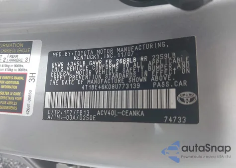 2008 Toyota Camry Le из США, поврежденный, VIN 4T1BE46K08U773139